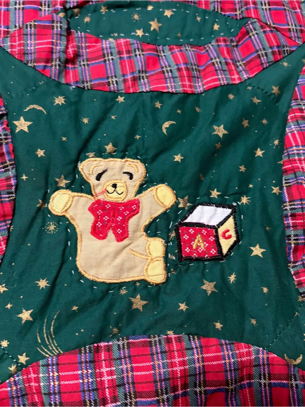 Vtg Hand-Sewn Christmas Quilt Double Wedding Ring Red Green Snowman Train 62x49